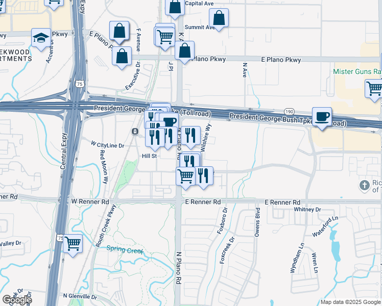 map of restaurants, bars, coffee shops, grocery stores, and more near 3551 Wilshire Way in Richardson