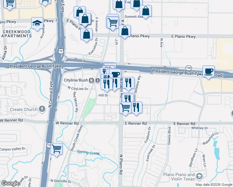 map of restaurants, bars, coffee shops, grocery stores, and more near 1250 State Street in Richardson