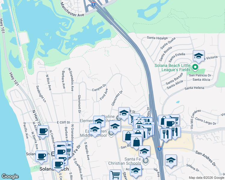 map of restaurants, bars, coffee shops, grocery stores, and more near 455 Glencrest Drive in Solana Beach