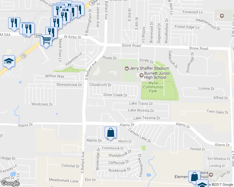 map of restaurants, bars, coffee shops, grocery stores, and more near 1309 Angel Fire Drive in Wylie
