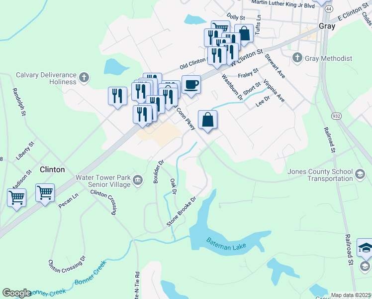 map of restaurants, bars, coffee shops, grocery stores, and more near 1023 Boulder Drive in Gray
