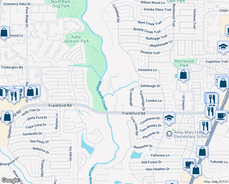 map of restaurants, bars, coffee shops, grocery stores, and more near North 40 Place in Dallas