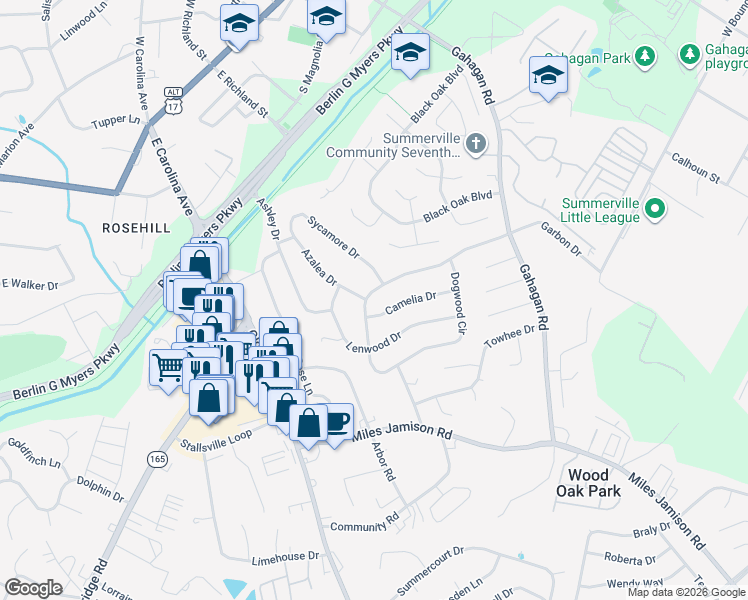 map of restaurants, bars, coffee shops, grocery stores, and more near 203 Dogwood Circle in Summerville
