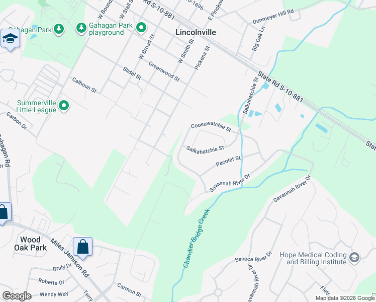 map of restaurants, bars, coffee shops, grocery stores, and more near 130 Coosawatchie Street in Summerville
