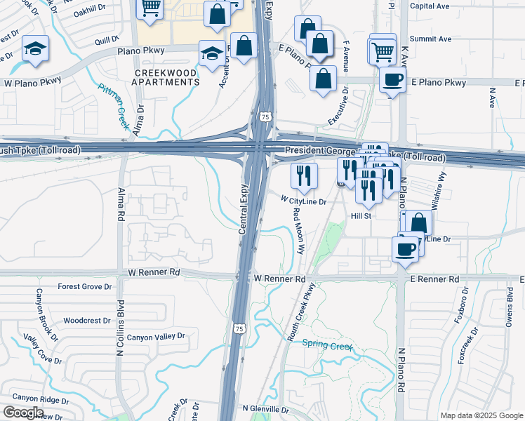 map of restaurants, bars, coffee shops, grocery stores, and more near 3696 North Central Expressway in Richardson