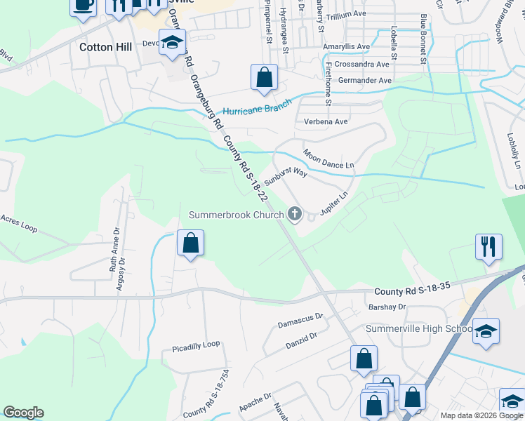 map of restaurants, bars, coffee shops, grocery stores, and more near 713 County Road S-18-22 in Summerville