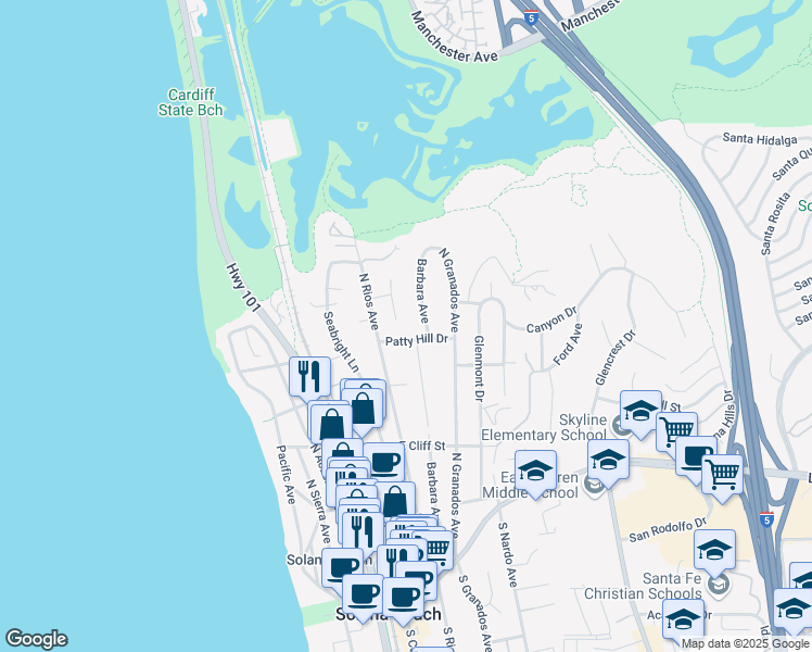 map of restaurants, bars, coffee shops, grocery stores, and more near 702 Midori Court in Solana Beach