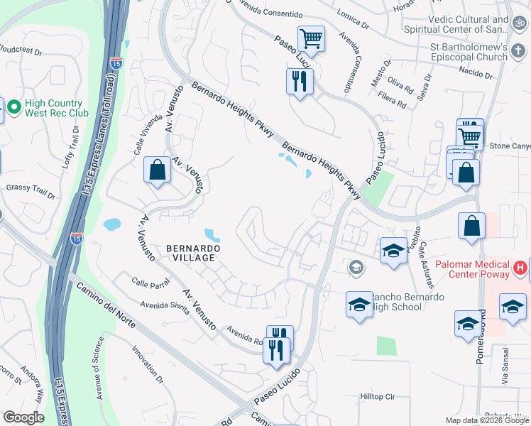 map of restaurants, bars, coffee shops, grocery stores, and more near 12142 Royal Birkdale Row in San Diego