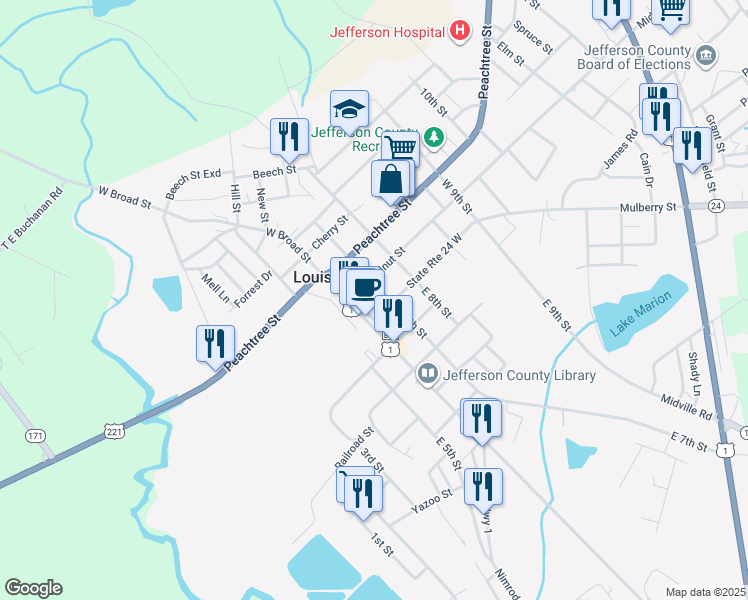 map of restaurants, bars, coffee shops, grocery stores, and more near 606 State Route 24 West in Louisville