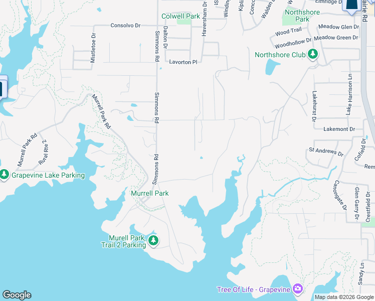 map of restaurants, bars, coffee shops, grocery stores, and more near Northshore Trail in Flower Mound