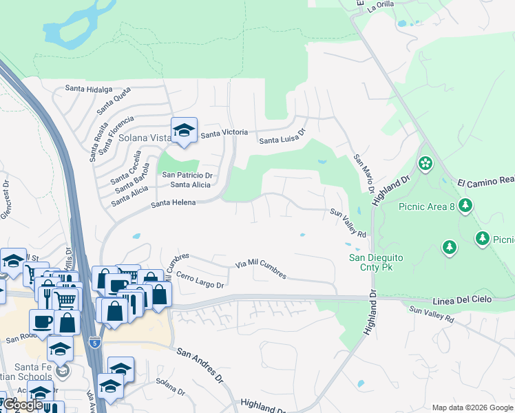 map of restaurants, bars, coffee shops, grocery stores, and more near 630 Camino Ynez in Solana Beach