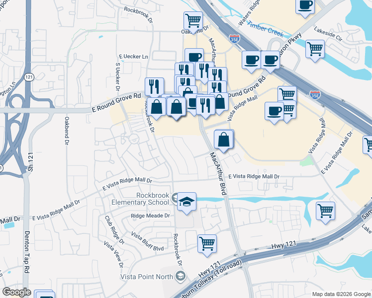 map of restaurants, bars, coffee shops, grocery stores, and more near 2621 Jacobson Drive in Lewisville