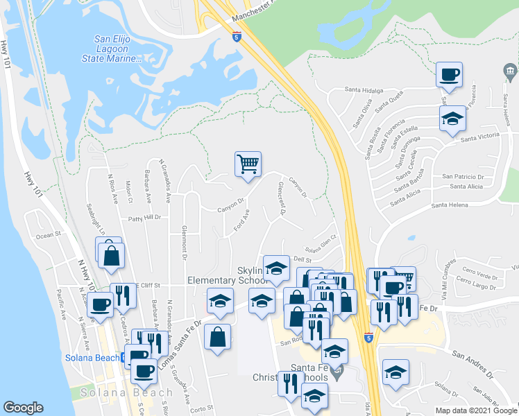 map of restaurants, bars, coffee shops, grocery stores, and more near 455 Glencrest Drive in Solana Beach