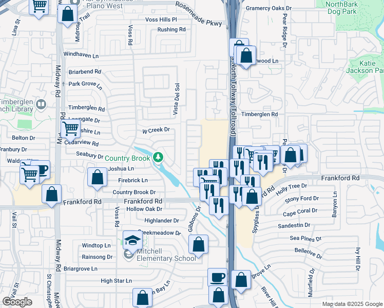 map of restaurants, bars, coffee shops, grocery stores, and more near Buttonwood Court in Dallas