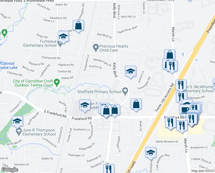 map of restaurants, bars, coffee shops, grocery stores, and more near 3100 Somerville Lane in Carrollton