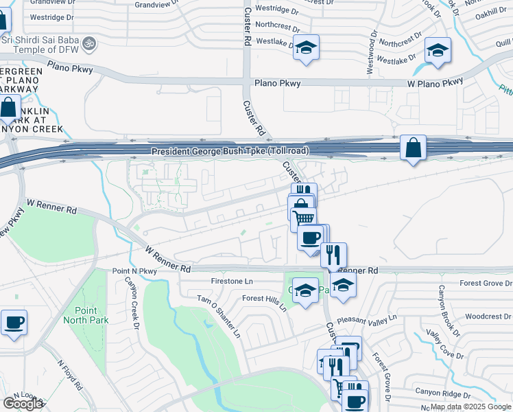 map of restaurants, bars, coffee shops, grocery stores, and more near 851 Greenside Drive in Richardson