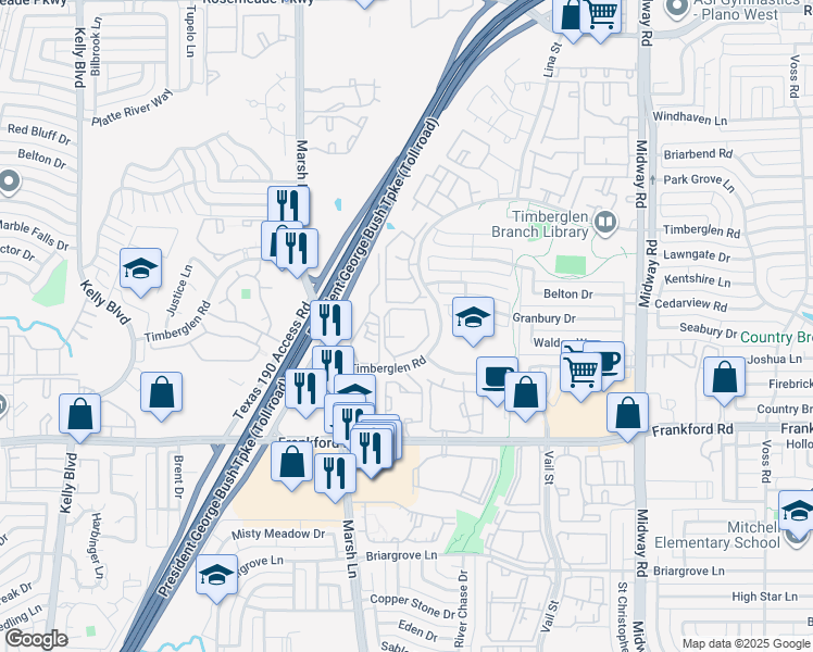 map of restaurants, bars, coffee shops, grocery stores, and more near 3637 Timberglen Road in Dallas