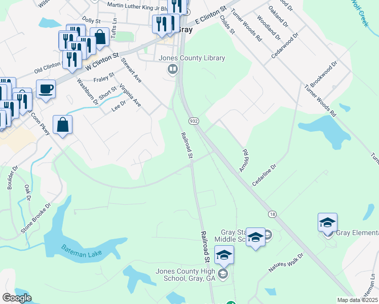 map of restaurants, bars, coffee shops, grocery stores, and more near 273 Railroad Street in Gray