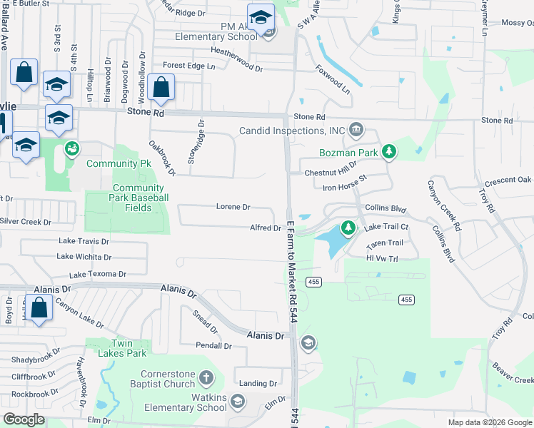 map of restaurants, bars, coffee shops, grocery stores, and more near 926 Lorene Drive in Wylie