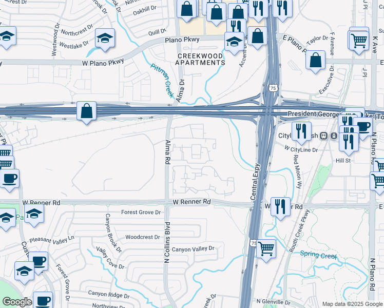 map of restaurants, bars, coffee shops, grocery stores, and more near 3560 Alma Road in Richardson