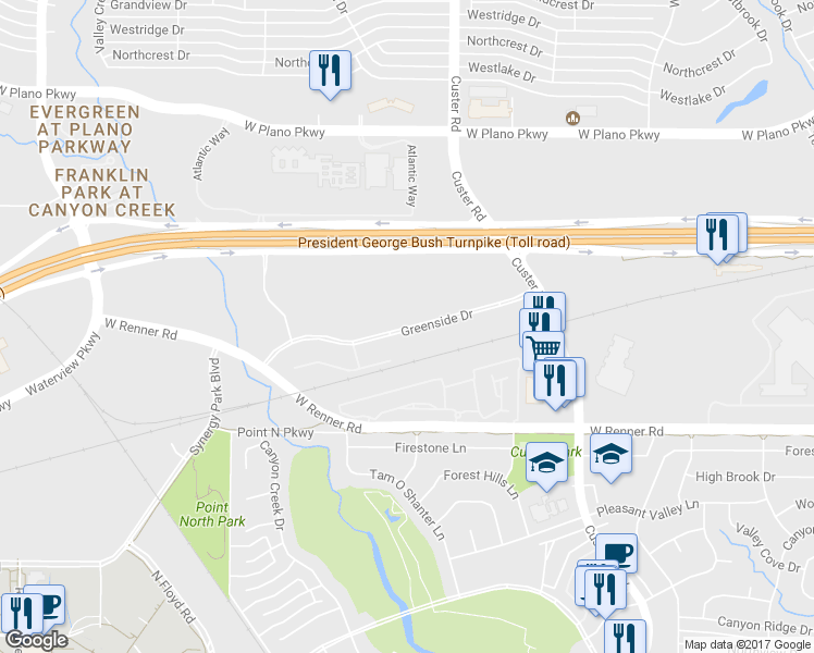 map of restaurants, bars, coffee shops, grocery stores, and more near Greenside Drive in Richardson