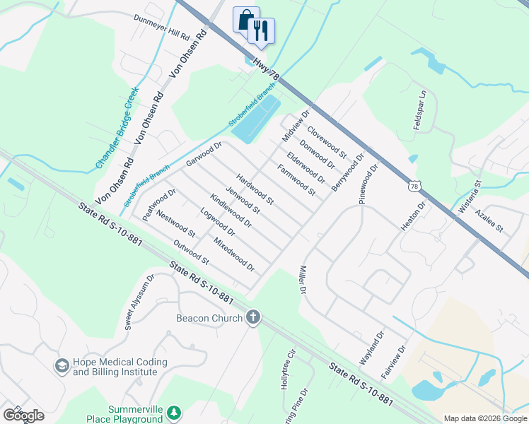 map of restaurants, bars, coffee shops, grocery stores, and more near 4444 Jenwood Street in Ladson