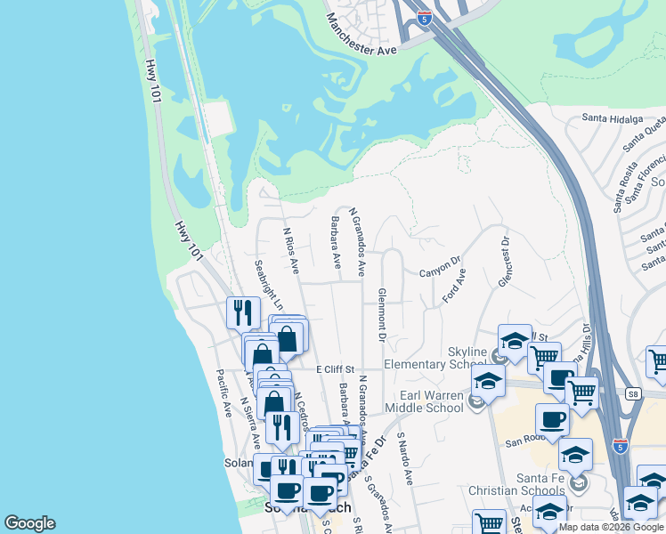 map of restaurants, bars, coffee shops, grocery stores, and more near 717 Barbara Avenue in Solana Beach