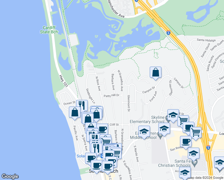 map of restaurants, bars, coffee shops, grocery stores, and more near 717 Barbara Avenue in Solana Beach