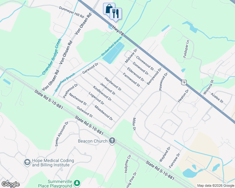 map of restaurants, bars, coffee shops, grocery stores, and more near 4446 Hardwood Street in Ladson