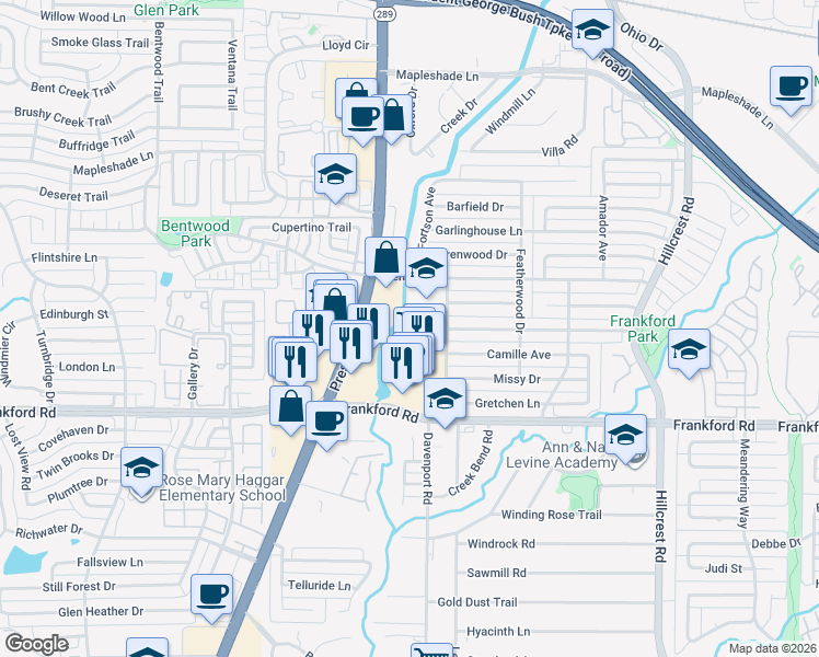map of restaurants, bars, coffee shops, grocery stores, and more near 18484 Preston Rd in Dallas