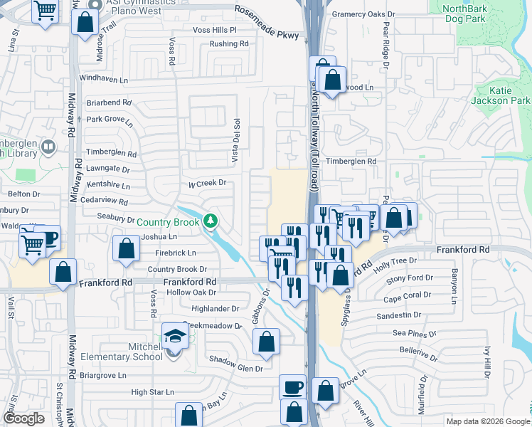 map of restaurants, bars, coffee shops, grocery stores, and more near 44 Landpiper Court in Dallas