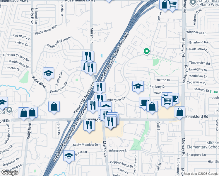 map of restaurants, bars, coffee shops, grocery stores, and more near 3637 Timberglen Road in Dallas