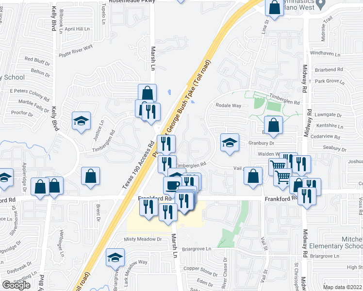 map of restaurants, bars, coffee shops, grocery stores, and more near 3637 Timberglen Road in Dallas