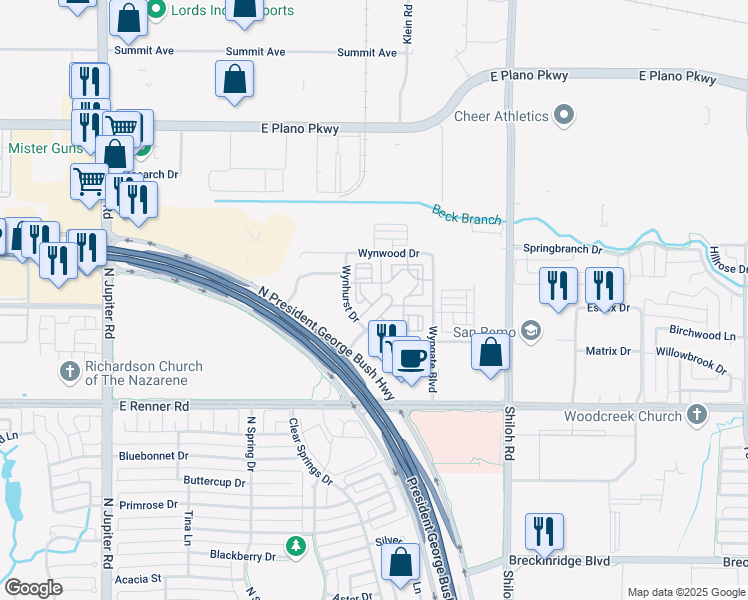 map of restaurants, bars, coffee shops, grocery stores, and more near 355 Vistaglen Drive in Plano