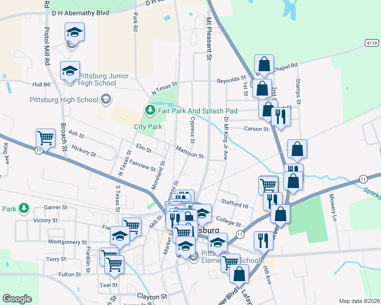 map of restaurants, bars, coffee shops, grocery stores, and more near 401 Cypress Street in Pittsburg