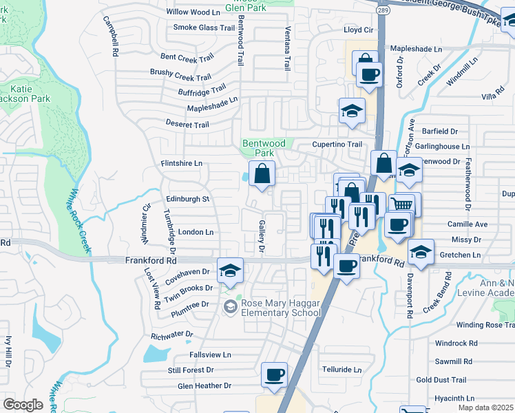 map of restaurants, bars, coffee shops, grocery stores, and more near 18333 Roehampton Drive in Dallas
