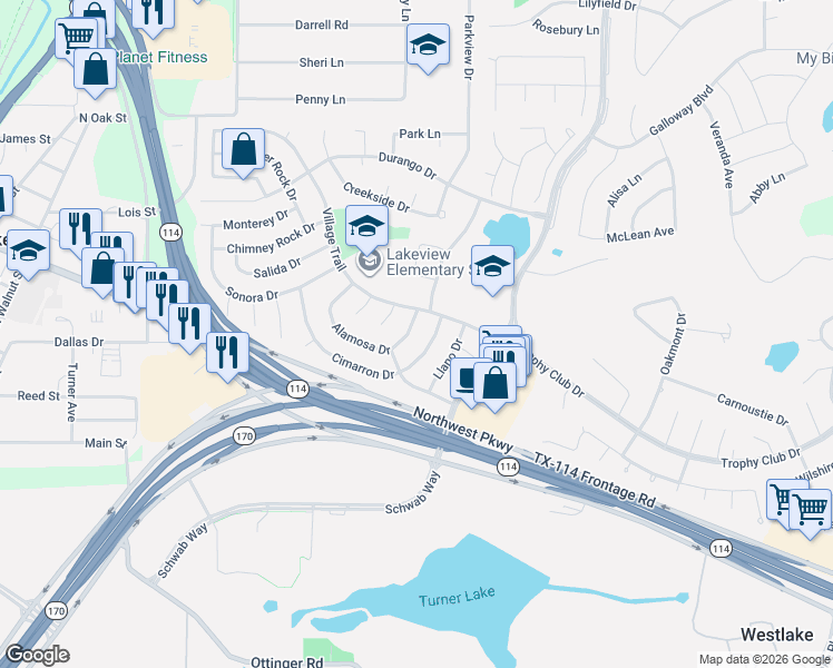 map of restaurants, bars, coffee shops, grocery stores, and more near 2 Alamosa Drive in Trophy Club