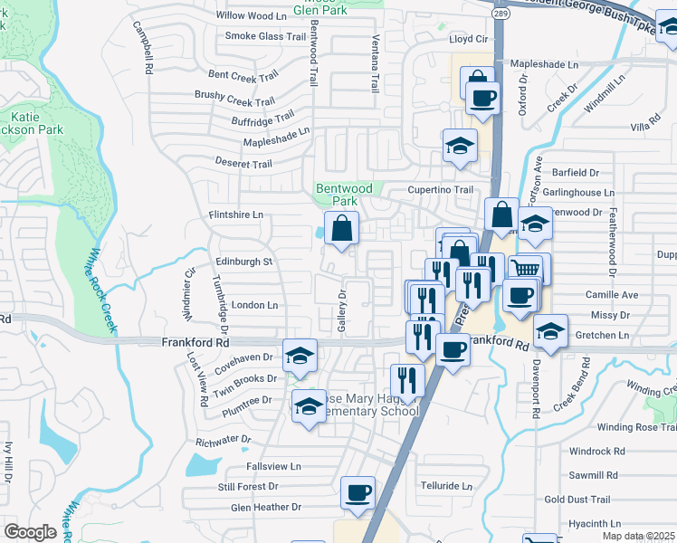 map of restaurants, bars, coffee shops, grocery stores, and more near 18333 Roehampton Drive in Dallas