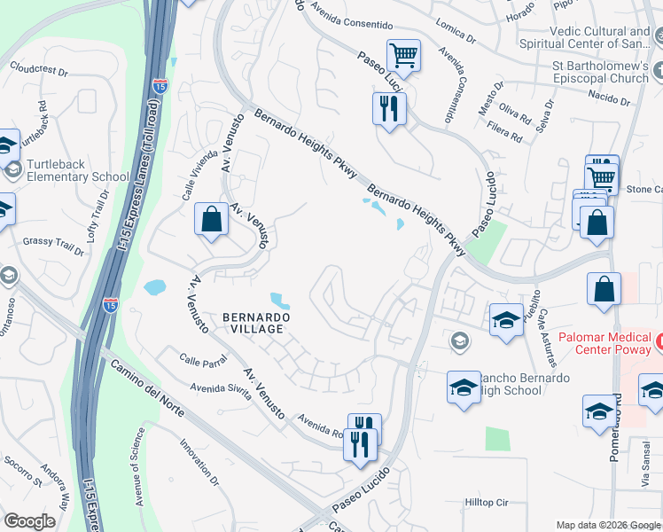 map of restaurants, bars, coffee shops, grocery stores, and more near 15617 Royal Lytham Square in San Diego