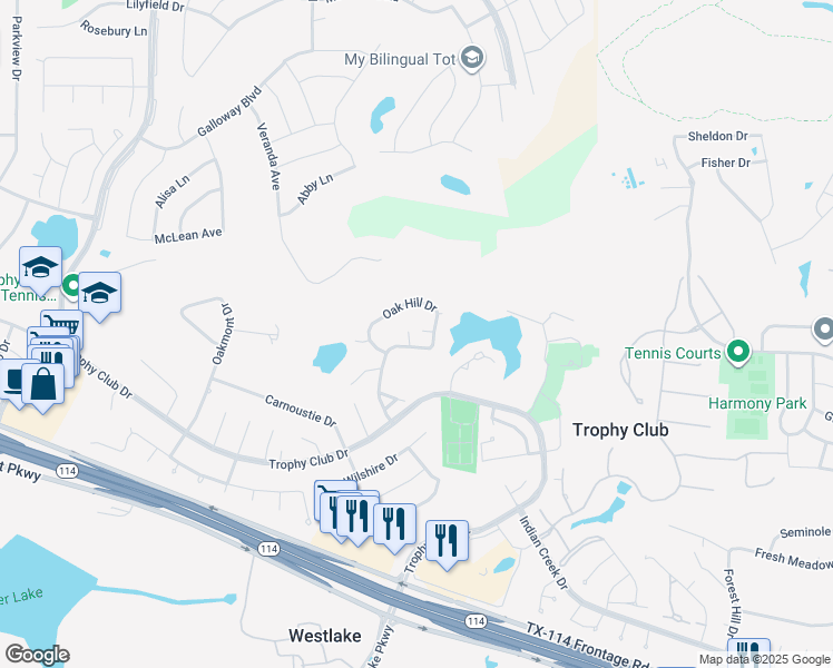 map of restaurants, bars, coffee shops, grocery stores, and more near 242 Oak Hill Drive in Trophy Club