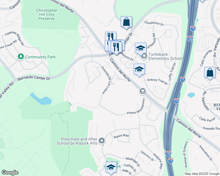 map of restaurants, bars, coffee shops, grocery stores, and more near 11227 Avenida De Los Lobos in San Diego