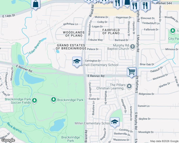 map of restaurants, bars, coffee shops, grocery stores, and more near 5433 Caine Rd in Richardson