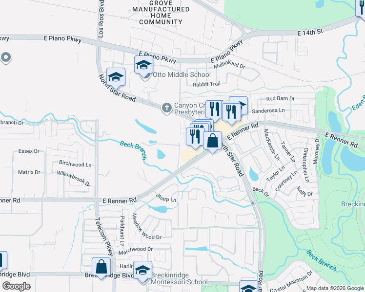 map of restaurants, bars, coffee shops, grocery stores, and more near 4064 Kyndra Circle in Richardson