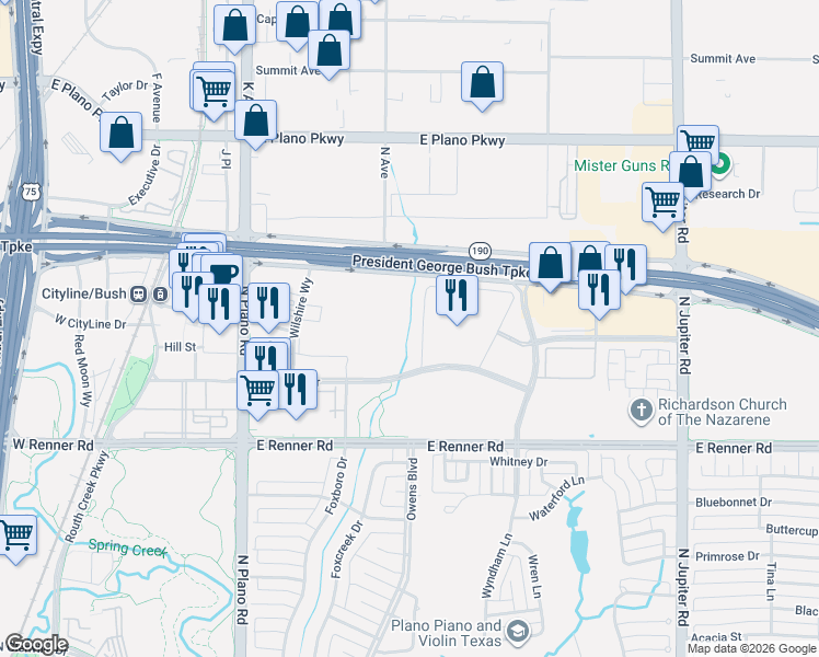 map of restaurants, bars, coffee shops, grocery stores, and more near North President George Bush Highway in Richardson