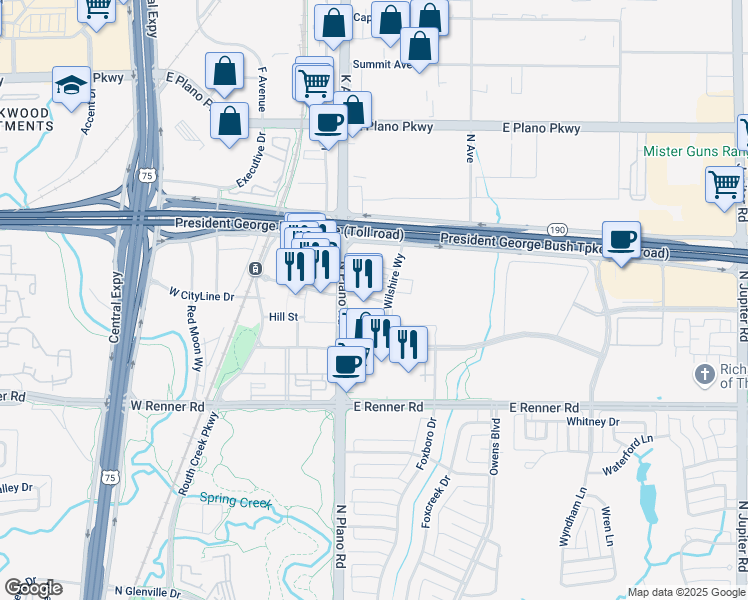 map of restaurants, bars, coffee shops, grocery stores, and more near 1419 State Street in Richardson