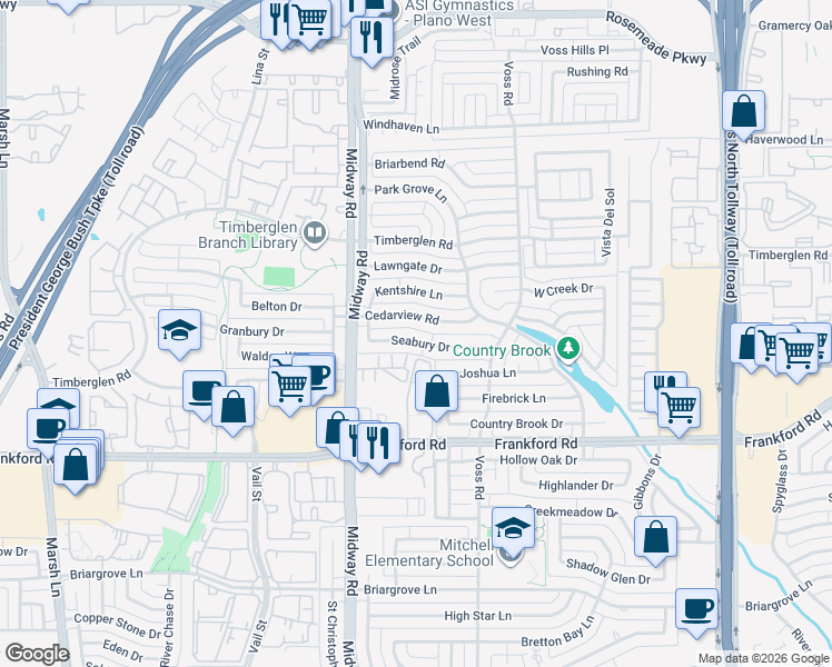 map of restaurants, bars, coffee shops, grocery stores, and more near 4028 Cedarview Road in Dallas