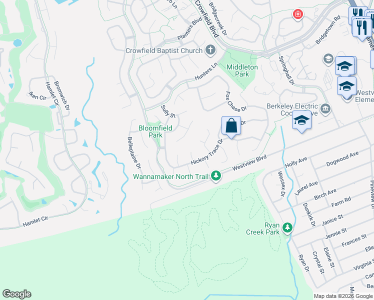 map of restaurants, bars, coffee shops, grocery stores, and more near 105 Derby Court in Goose Creek