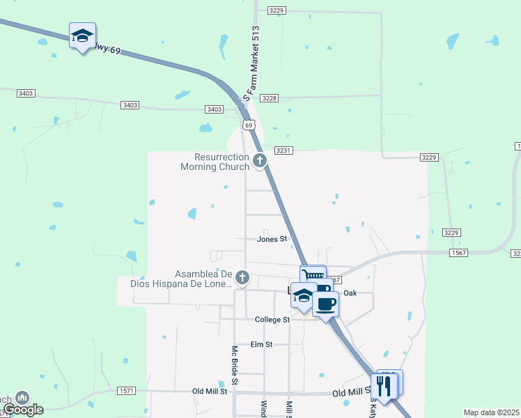 map of restaurants, bars, coffee shops, grocery stores, and more near 104 Hall Street in Lone Oak