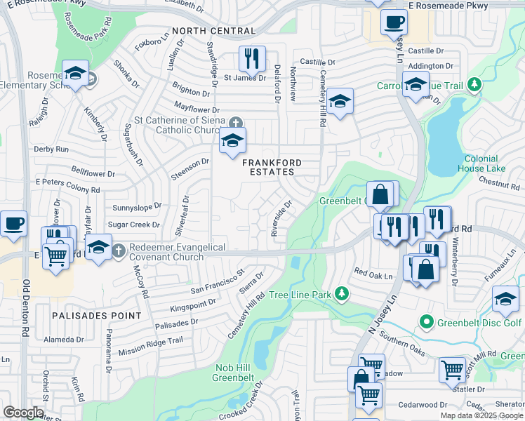 map of restaurants, bars, coffee shops, grocery stores, and more near 1737 Frankford Road East in Carrollton
