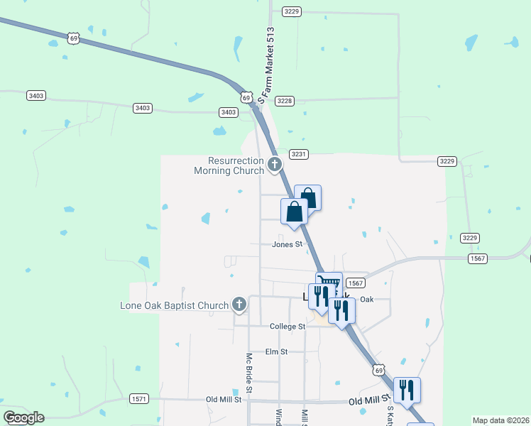 map of restaurants, bars, coffee shops, grocery stores, and more near 605 Gladys Street in Lone Oak